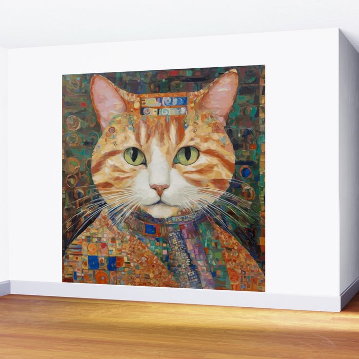 Gustav Klimt Style Tabby Cat with Green Eyes and Beautiful Clothes Wall Mural Gallery Image 2