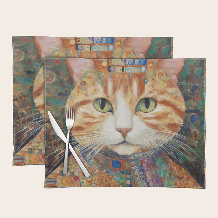 Gustav Klimt Style Tabby Cat with Green Eyes and Beautiful Clothes Placemat Gallery Image 1