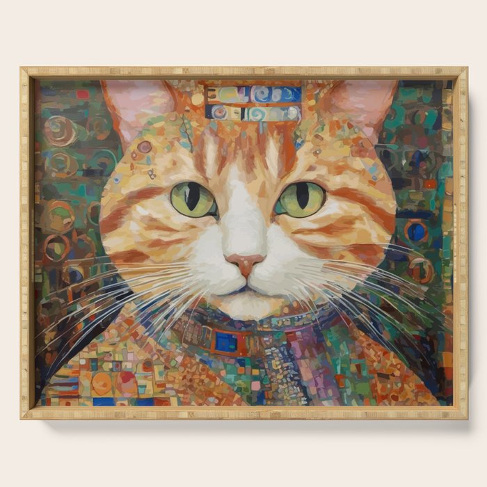 Gustav Klimt Style Tabby Cat with Green Eyes and Beautiful Clothes Serving Tray Gallery Image 1