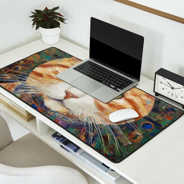 Gustav Klimt Style Tabby Cat with Green Eyes and Beautiful Clothes Desk Mat Gallery Image 2