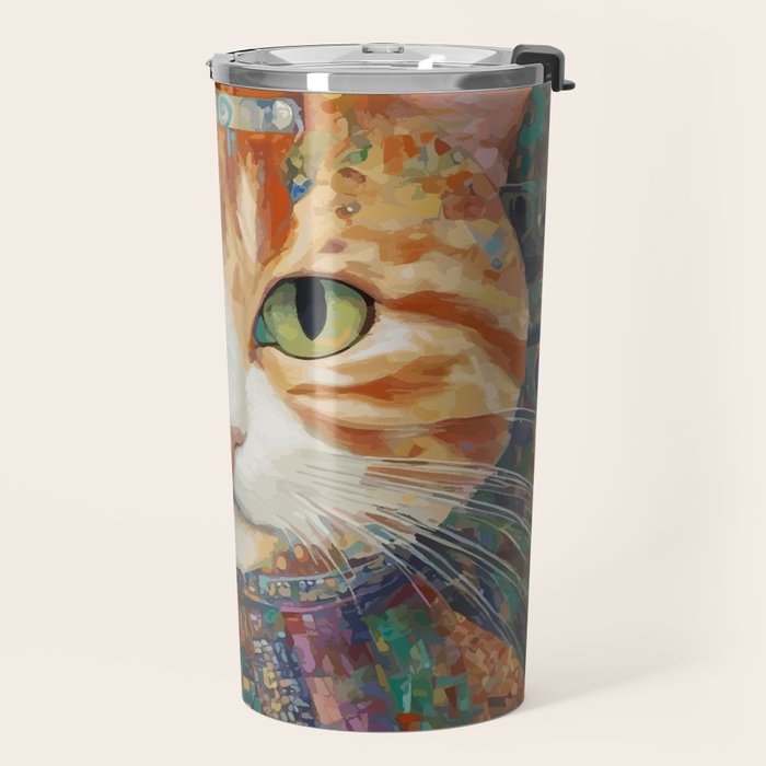 Gustav Klimt Style Tabby Cat with Green Eyes and Beautiful Clothes Travel Mug Gallery Image 2