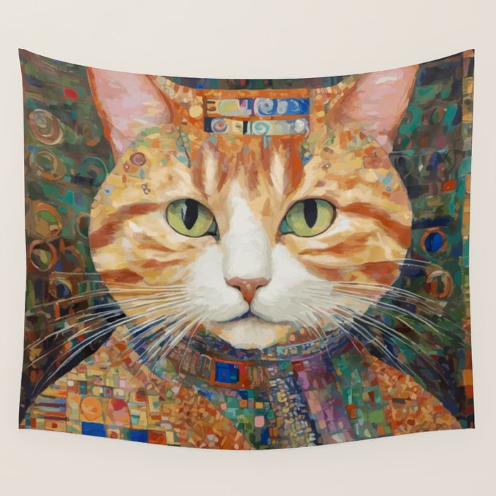 Gustav Klimt Style Tabby Cat with Green Eyes and Beautiful Clothes Wall Tapestry Gallery Image 4