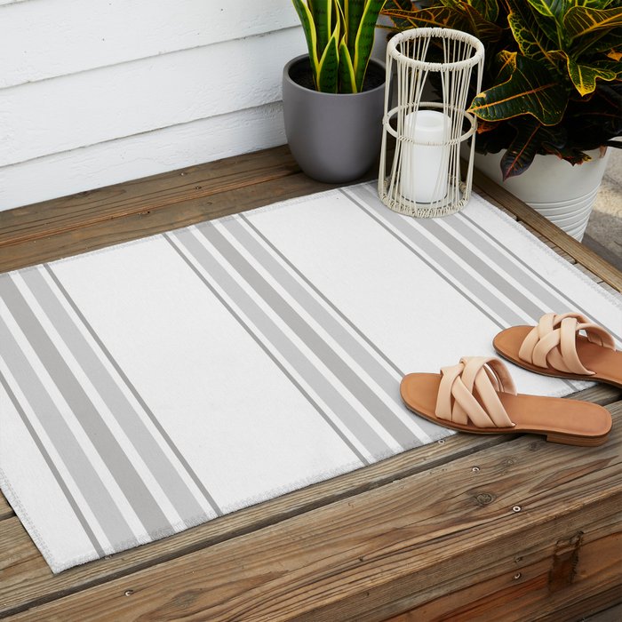 Farmhouse Ticking Stripes in Gray on White Outdoor Rug Gallery Image 2