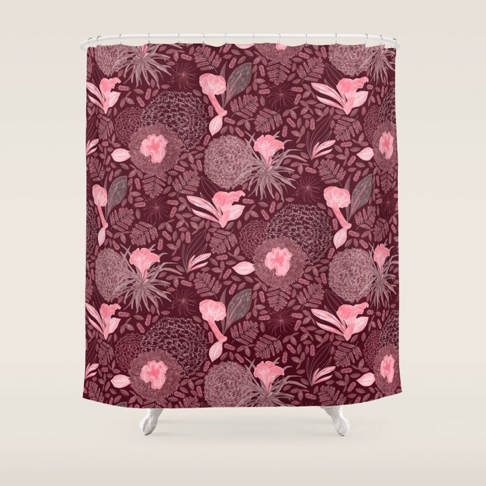 Forest Full of Wild Mushrooms in Burgundy & Peach Shower Curtain Gallery Image 1