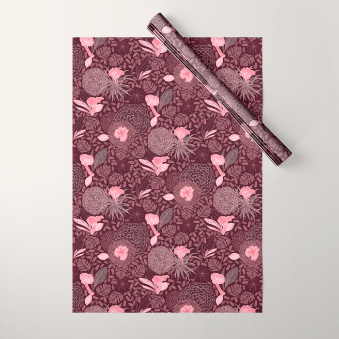 Forest Full of Wild Mushrooms in Burgundy & Peach Wrapping Paper Gallery Image 1