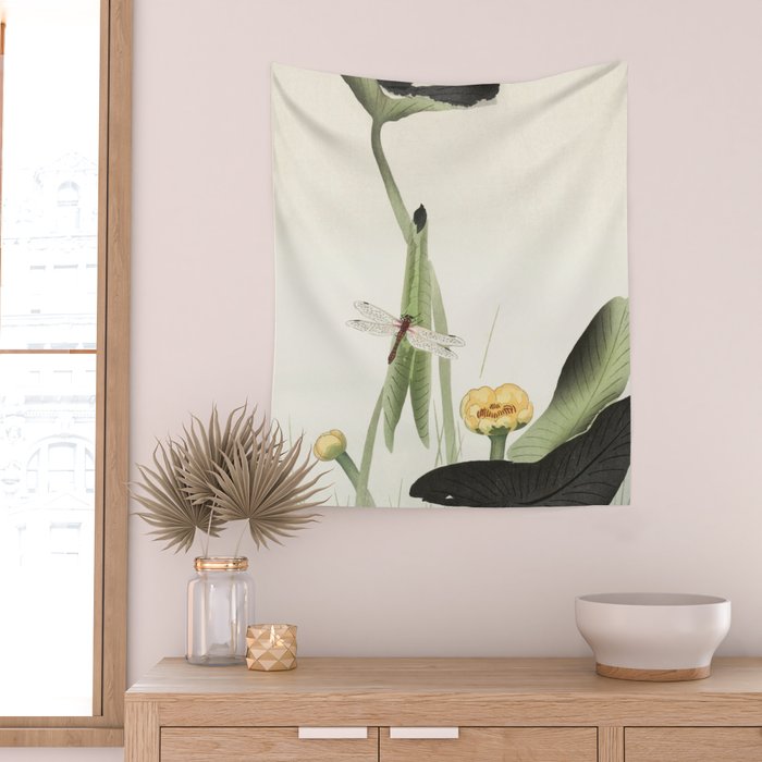 Dragonfly on Lotus Flower - Vintage Japanese woodblock print art Wall Tapestry Gallery Image 2