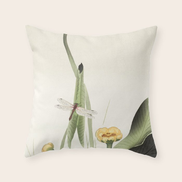 Dragonfly on Lotus Flower - Vintage Japanese woodblock print art Throw Pillow Gallery Image 1
