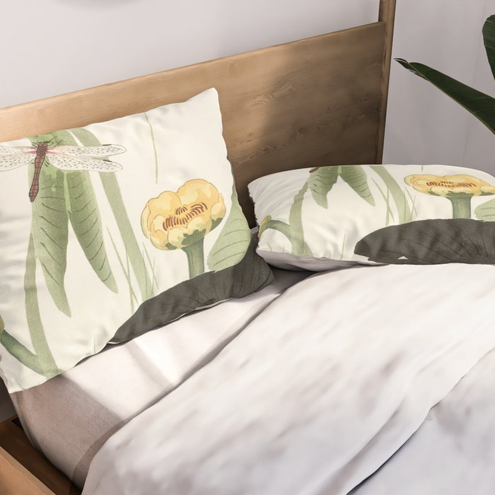 Dragonfly on Lotus Flower - Vintage Japanese woodblock print art Pillow Sham Gallery Image 2