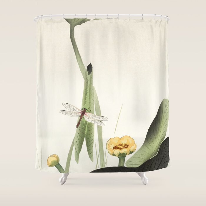 Dragonfly on Lotus Flower - Vintage Japanese woodblock print art Shower Curtain Gallery Image 1