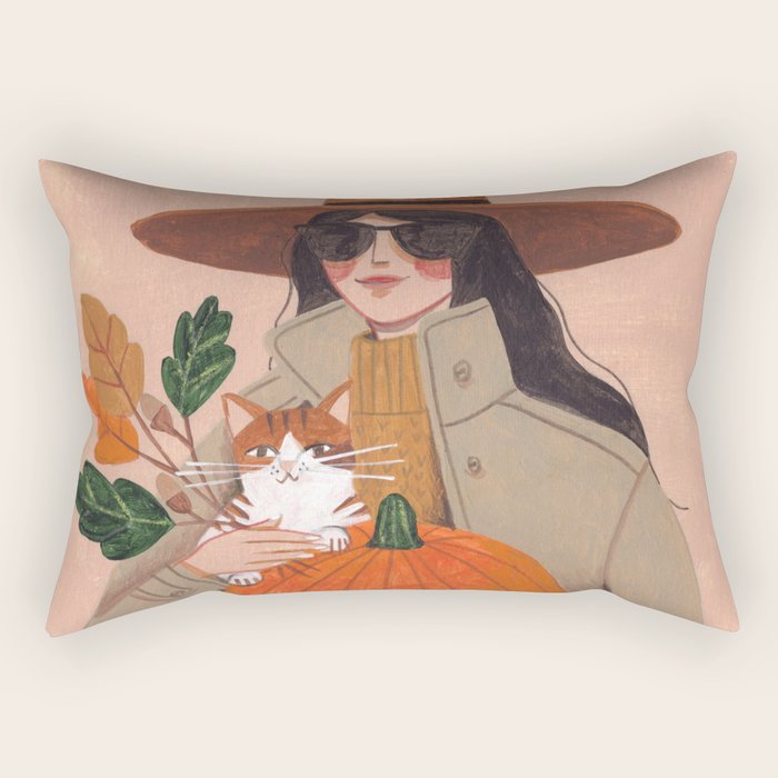 Woman in autumn in warm earth tones Rectangular Pillow Gallery Image 2