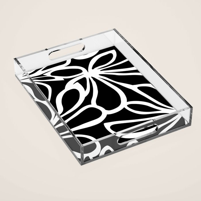 Abstract black and white flower art pattern Acrylic Tray Gallery Image 1