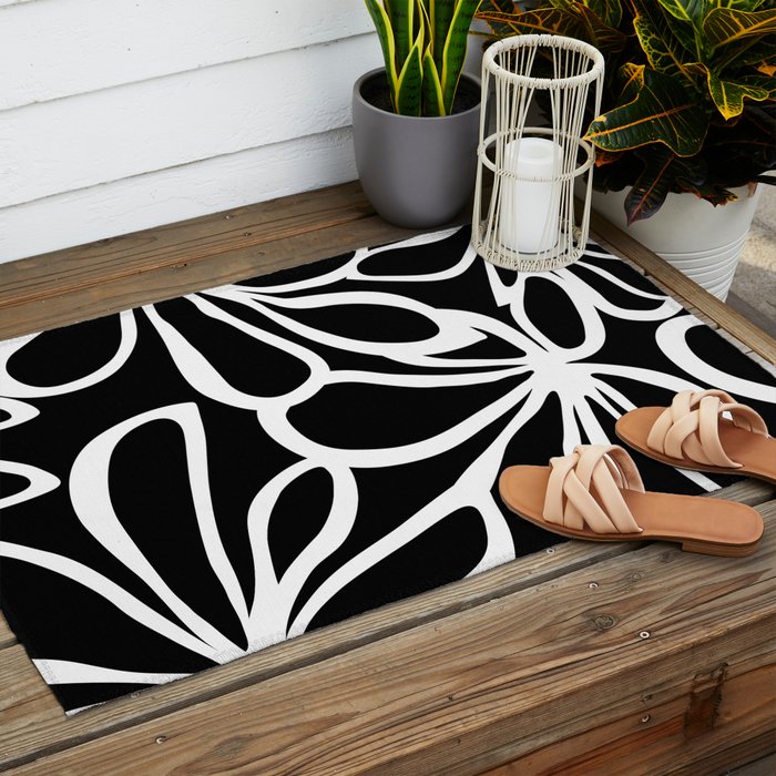 Abstract black and white flower art pattern Outdoor Rug Gallery Image 2