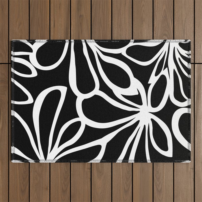 Abstract black and white flower art pattern Outdoor Rug Gallery Image 1