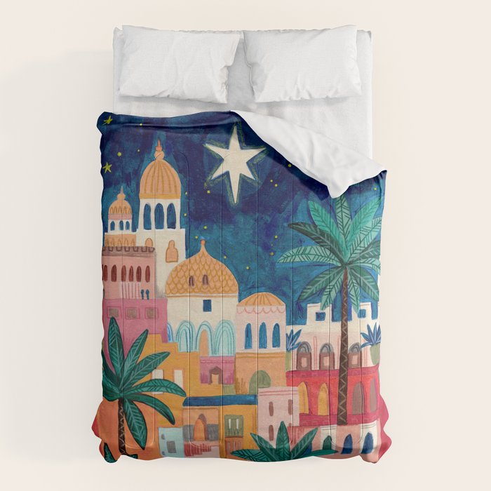 Oriental city under a starry sky in bright colours Comforter Gallery Image 1