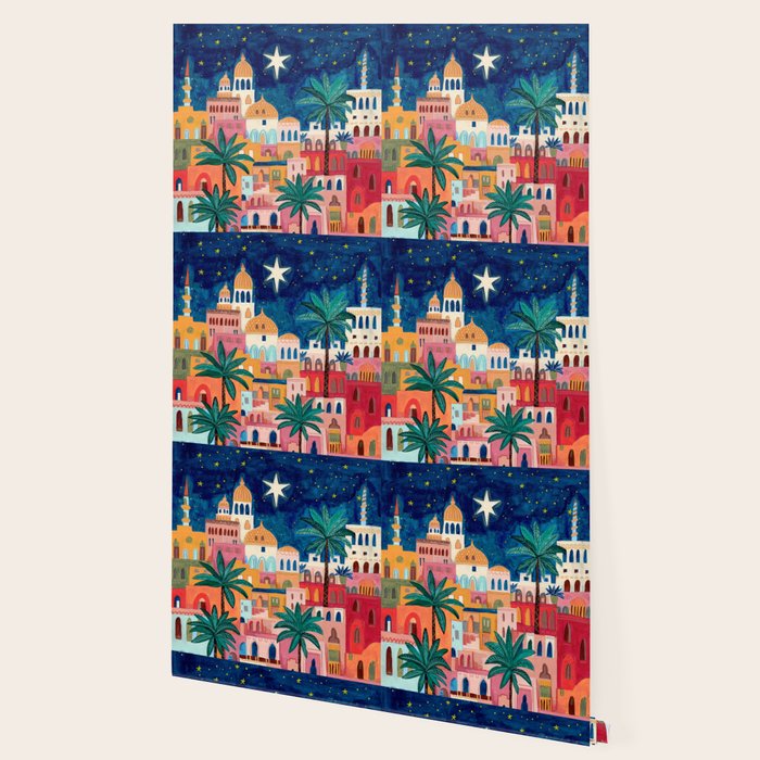 Oriental city under a starry sky in bright colours Wallpaper Gallery Image 2