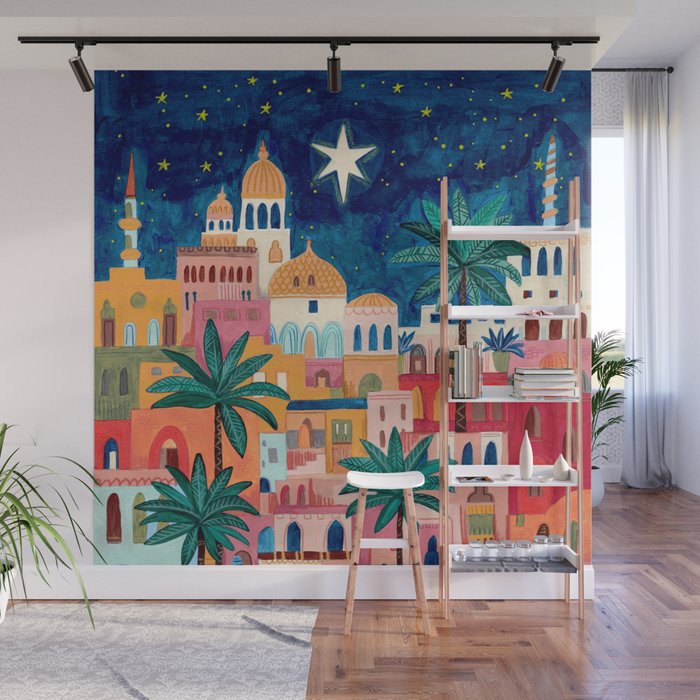 Oriental city under a starry sky in bright colours Wall Mural Gallery Image 1