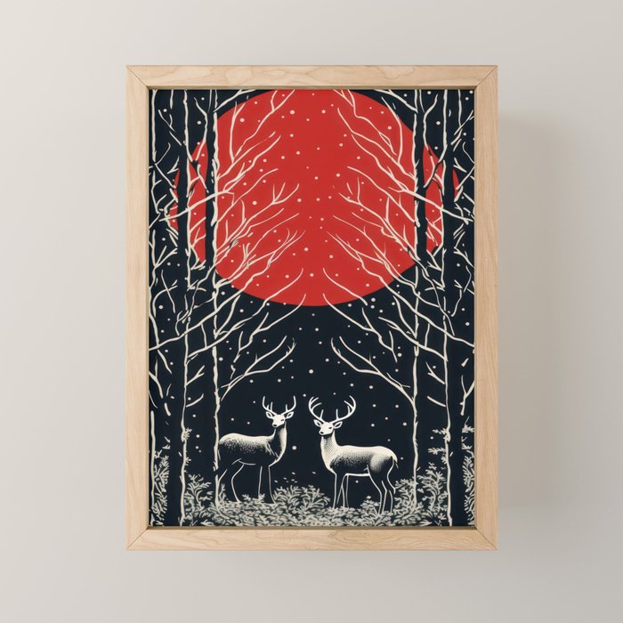 Red Moon Deer Pair Mini Art Print Gallery Image 1