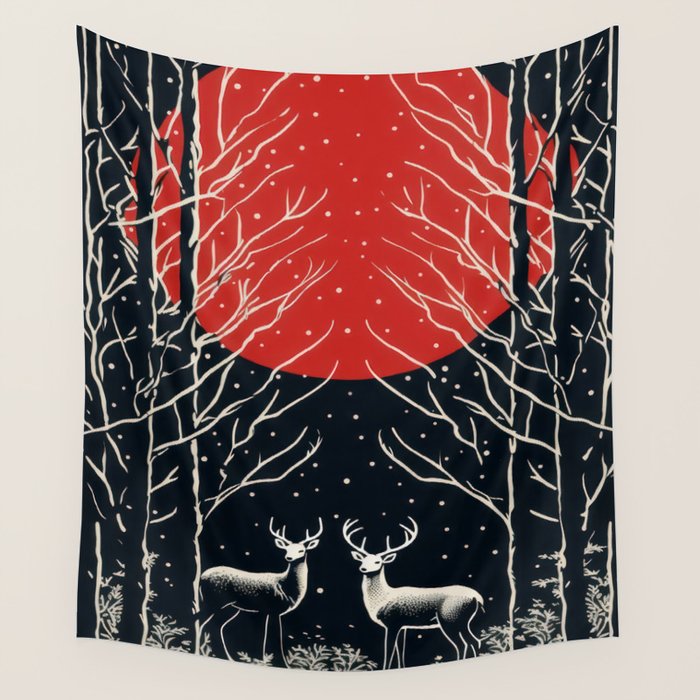 Red Moon Deer Pair Wall Tapestry Gallery Image 1