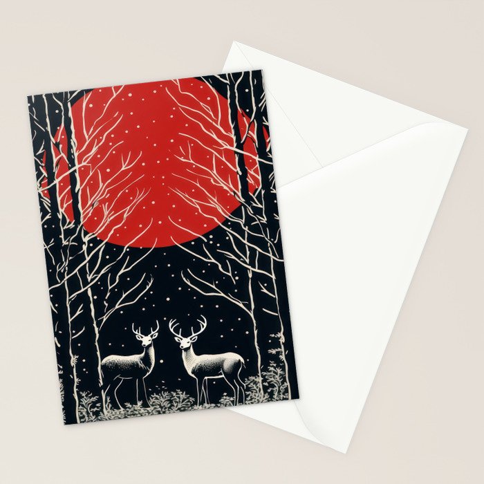 Red Moon Deer Pair Stationery Card Gallery Image 2