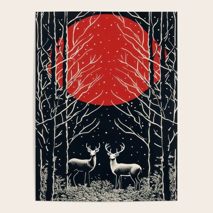 Red Moon Deer Pair Poster Gallery Image 1