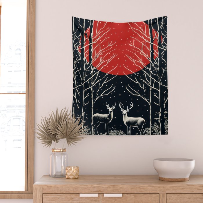 Red Moon Deer Pair Wall Tapestry Gallery Image 2