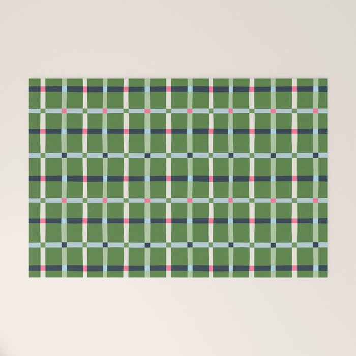 Windowpane Plaid Blue Pink on Green Welcome Mat Gallery Image 1