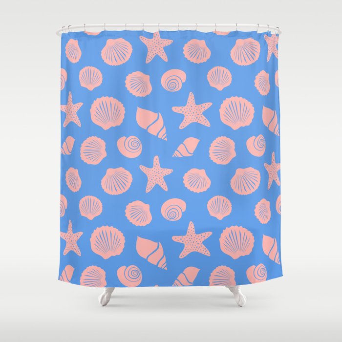 Retro Coastal Shells on Blue Shower Curtain Gallery Image 1