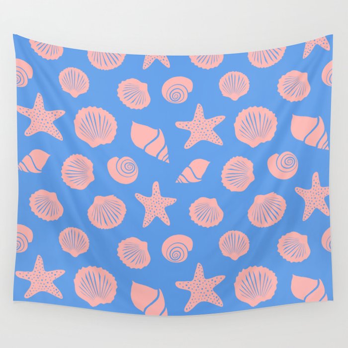 Retro Coastal Shells on Blue Wall Tapestry Gallery Image 1