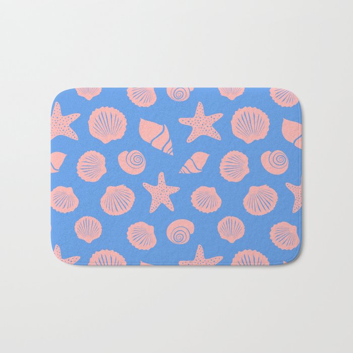 Retro Coastal Shells on Blue Bath Mat Gallery Image 1