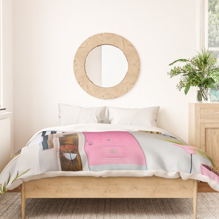 Cute Pink Door with Yard Flamingos in Palm Springs Duvet Cover Gallery Image 3