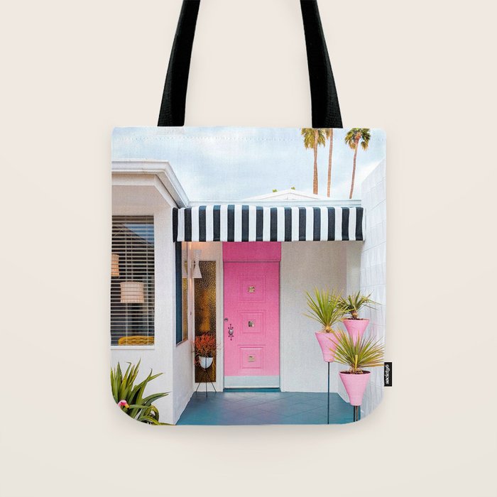 Cute Pink Door with Yard Flamingos in Palm Springs Tote Bag Gallery Image 1