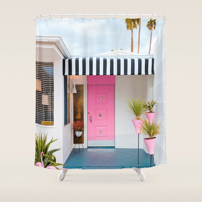 Cute Pink Door with Yard Flamingos in Palm Springs Shower Curtain Gallery Image 1