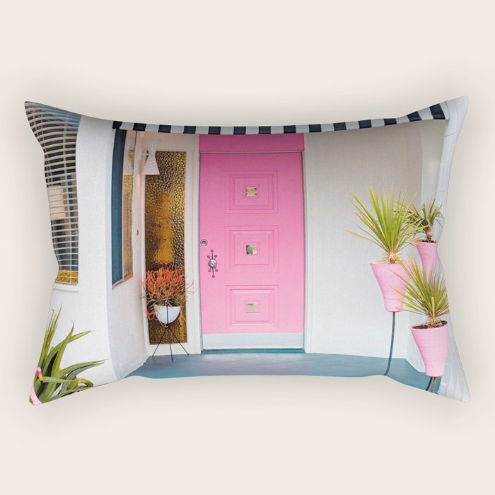 Cute Pink Door with Yard Flamingos in Palm Springs Rectangular Pillow Gallery Image 1