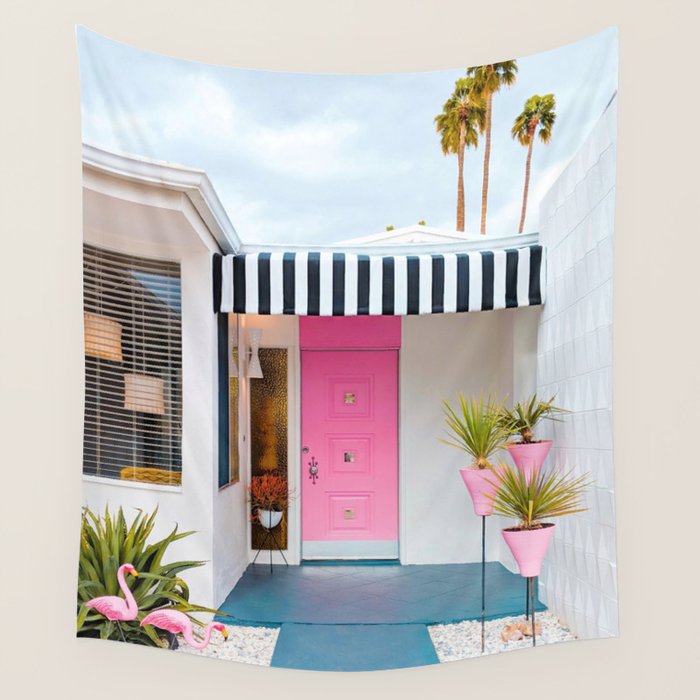 Cute Pink Door with Yard Flamingos in Palm Springs Wall Tapestry Gallery Image 4