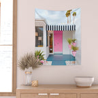 Cute Pink Door with Yard Flamingos in Palm Springs Wall Tapestry Gallery Image 2