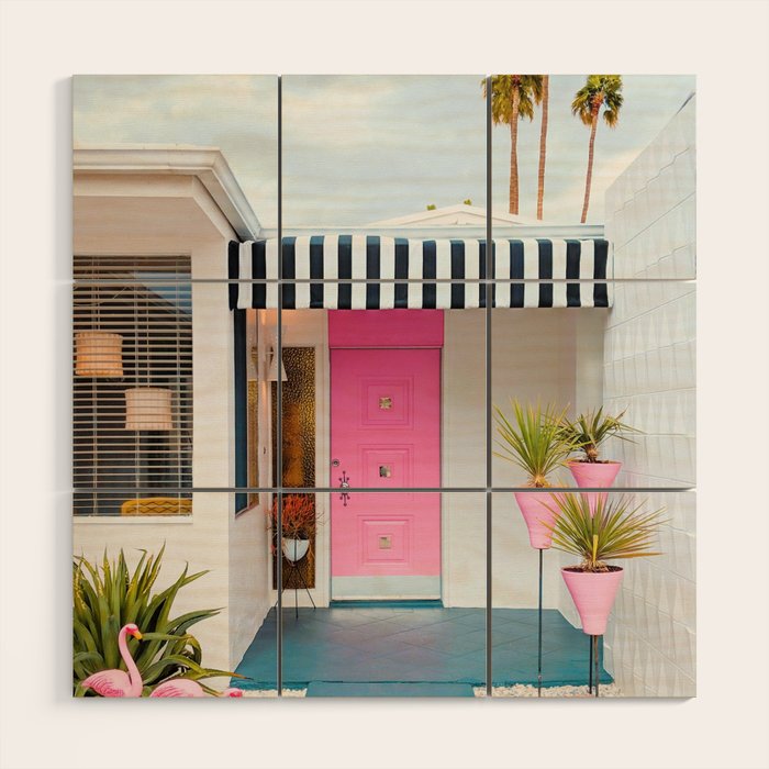 Cute Pink Door with Yard Flamingos in Palm Springs Wood Wall Art Gallery Image 1