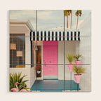 Cute Pink Door with Yard Flamingos in Palm Springs Wood Wall Art Gallery Image 1