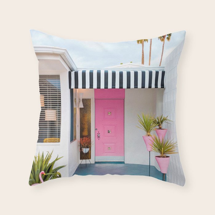 Cute Pink Door with Yard Flamingos in Palm Springs Throw Pillow Gallery Image 1