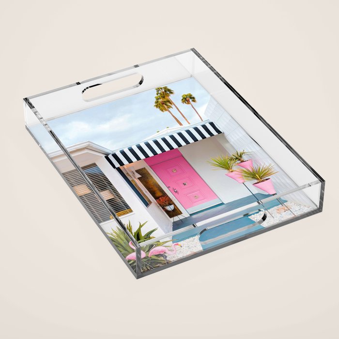 Cute Pink Door with Yard Flamingos in Palm Springs Acrylic Tray Gallery Image 1