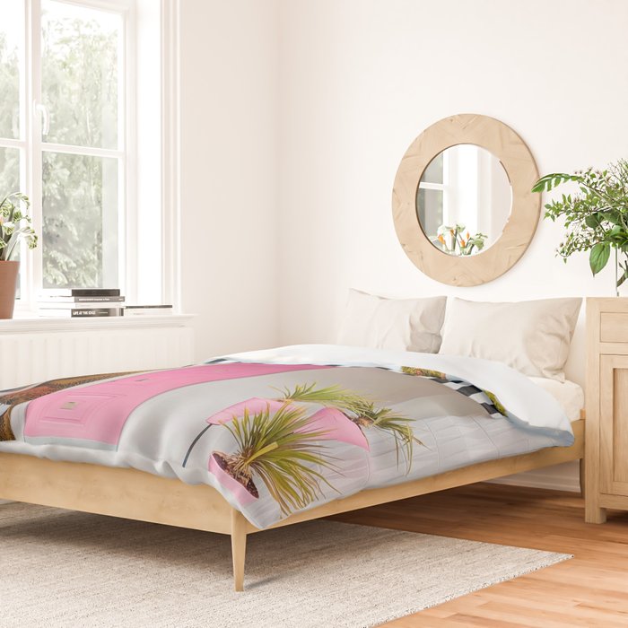 Cute Pink Door with Yard Flamingos in Palm Springs Duvet Cover Gallery Image 2