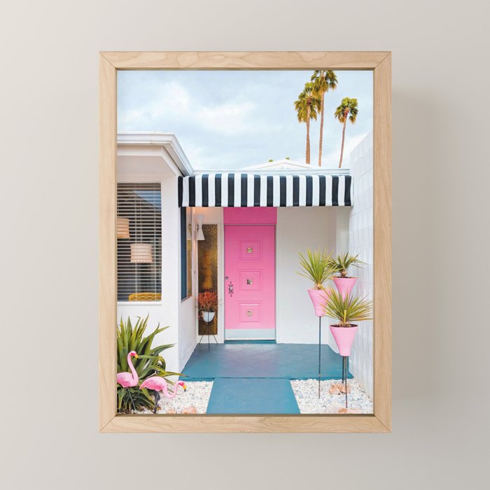 Cute Pink Door with Yard Flamingos in Palm Springs Mini Art Print Gallery Image 1
