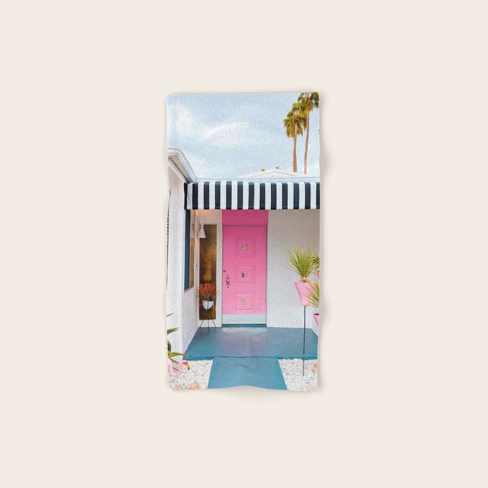 Cute Pink Door with Yard Flamingos in Palm Springs Bath Towel Gallery Image 1