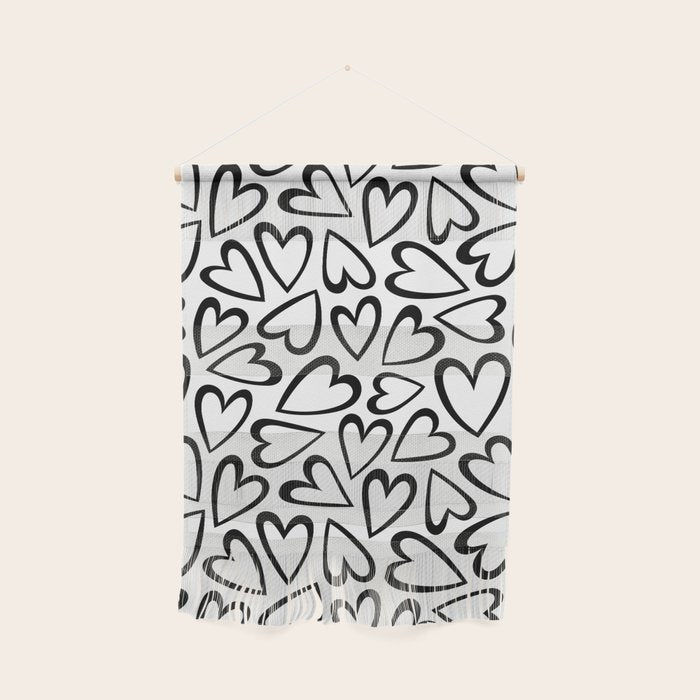 Black and white love heart cartoon pattern Wall Hanging Gallery Image 1