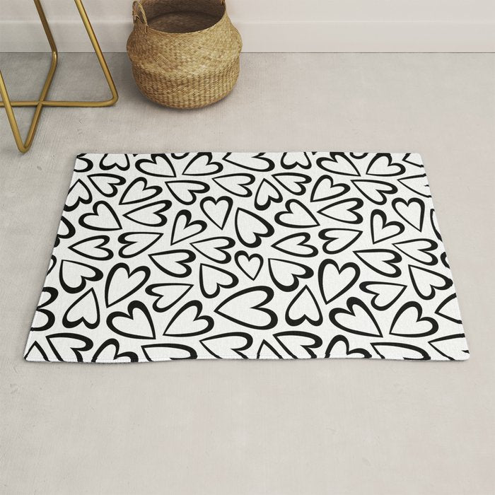 Black and white love heart cartoon pattern Rug Gallery Image 1