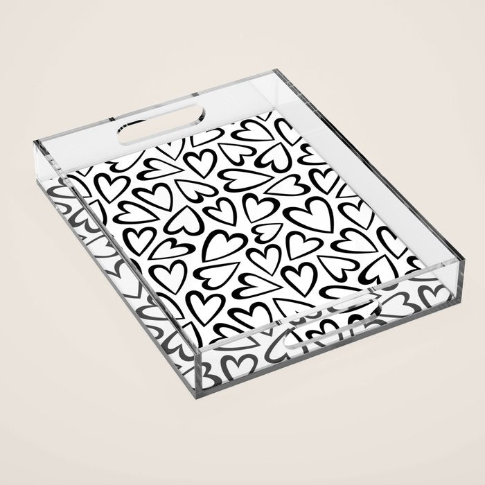 Black and white love heart cartoon pattern Acrylic Tray Gallery Image 1