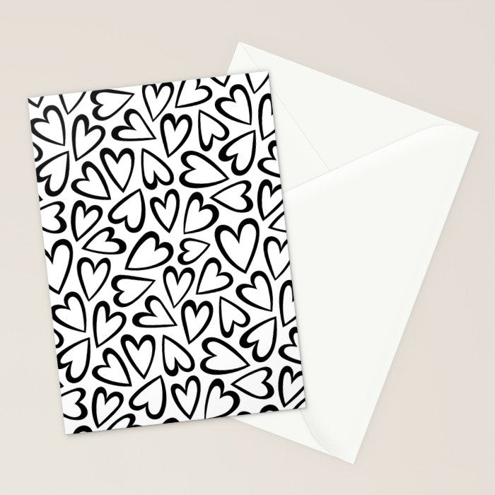 Black and white love heart cartoon pattern Stationery Card Gallery Image 2