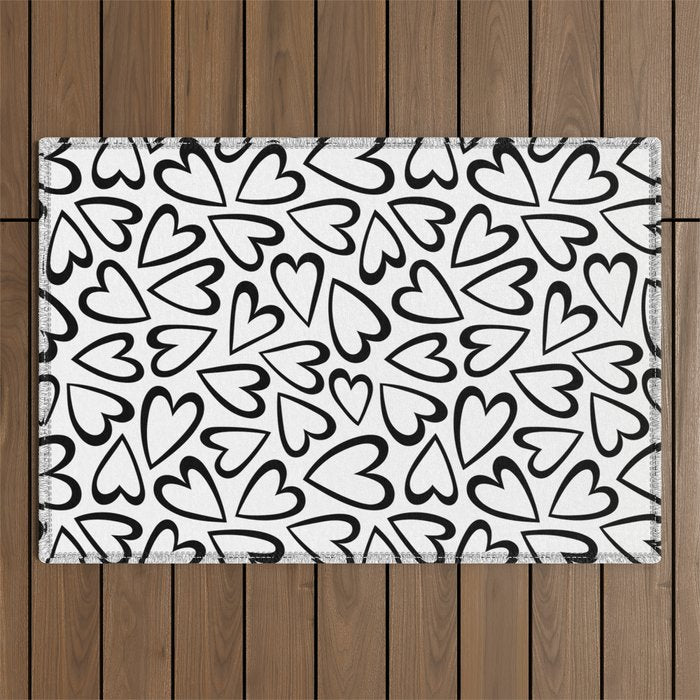 Black and white love heart cartoon pattern Outdoor Rug Gallery Image 1