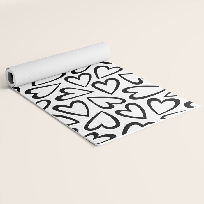 Black and white love heart cartoon pattern Yoga Mat Gallery Image 2