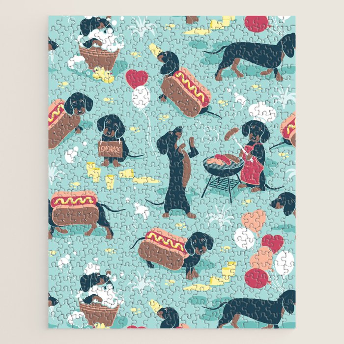 Hot dogs and lemonade // aqua background navy dachshunds Jigsaw Puzzle