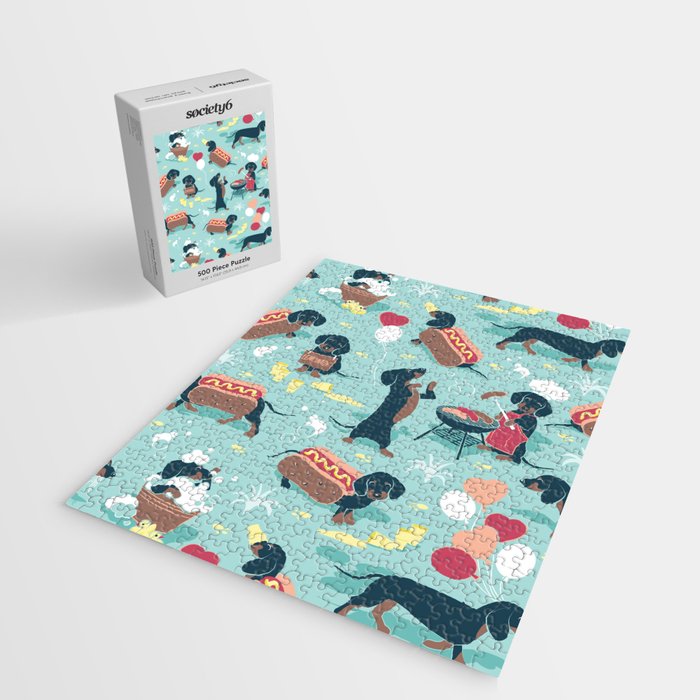 Hot dogs and lemonade // aqua background navy dachshunds Jigsaw Puzzle Gallery Image 2
